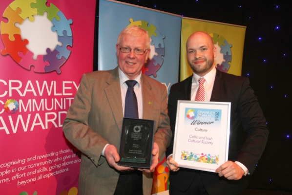 Crawley Community Awards 2016. The Culture award is presented to John Nolan of the Celtic and Irish Cultural Society by Cllr Peter Lamb, Leader of Crawley Borough Council. Photo by Derek Martin