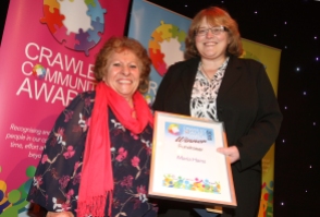 Crawley Community Awards 2016. Maria Hains receives the Fundraiser award from Karen Dunn on behalf of The Crawley Observer. Photo by Derek Martin