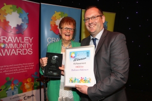 Crawley Community Awards 2016. Barbara Alderson receives the Achievement Award from sports editor Mark Dunford. Photo by Derek Martin