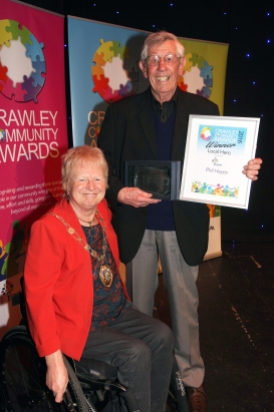 Crawley Community Awards 2016. The Mayor of Crawley Cllr Chris Cheshire presents the Local Hero award to Phil Hayes. Photo by Derek Martin