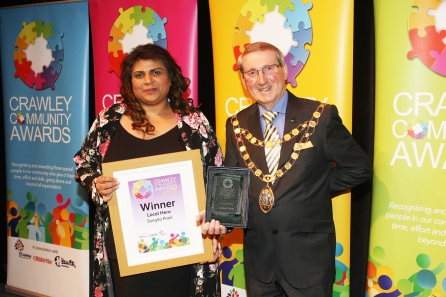 DM1842055a.jpg. Crawley Community Awards 2018. Local Hero, Sangita Patel, presented by the Mayor of Crawley, Councillor Brian Quinn. Photo by Derek Martin Photography.