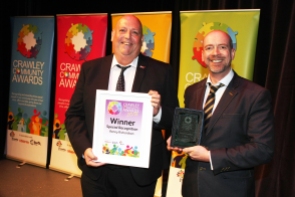 DM1842001a.jpg. Crawley Community Awards 2018. Special Recognition, Renny Richardson presented by Chris Harris, Head of Community Services, Crawley Borough Council. Photo by Derek Martin Photography.
