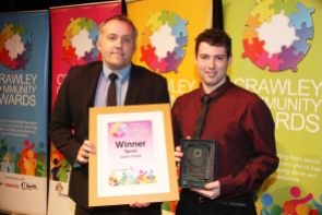 DM1842032a.jpg. Crawley Community Awards 2018. Sports, Adam Parker, presented by Dave Downey, Active Communities Officer, K2 Crawley. Photo by Derek Martin Photography.